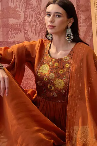Rust chanderi cotton embroidered kurta set.