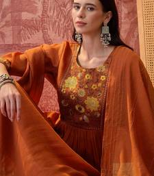 Rust chanderi cotton embroidered kurta set.