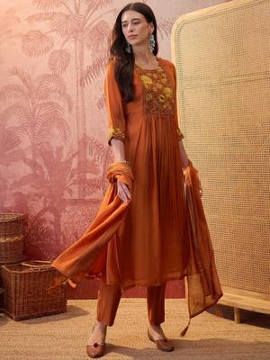 Rust chanderi cotton embroidered kurta set. 2