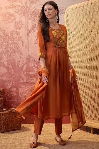 Rust chanderi cotton embroidered kurta set.