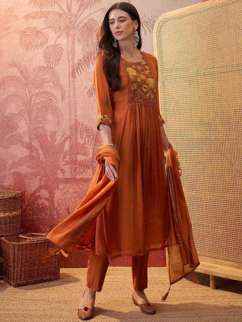 Rust chanderi cotton embroidered kurta set.