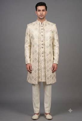 Ivory sequin textured open indowestern suit for men 1