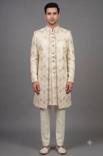 Ivory sequin textured open indowestern suit for men