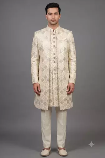 Ivory sequin textured open indowestern suit for men