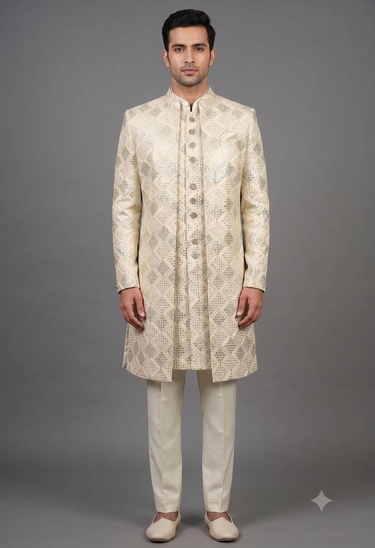 Ivory sequin textured open indowestern suit for men