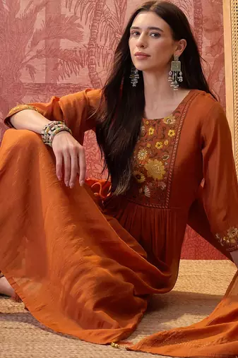 Rust chanderi cotton embroidered kurta set.