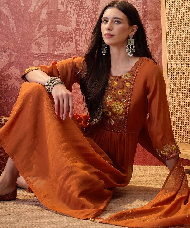 Rust chanderi cotton embroidered kurta set.