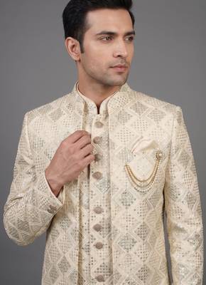 Ivory sequin textured open indowestern suit for men 2