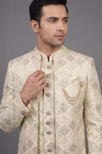 Ivory sequin textured open indowestern suit for men