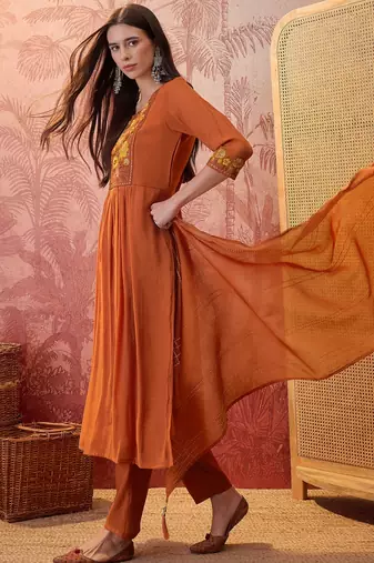 Rust chanderi cotton embroidered kurta set.