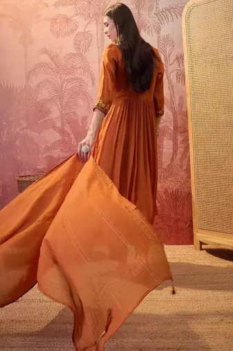 Rust chanderi cotton embroidered kurta set.