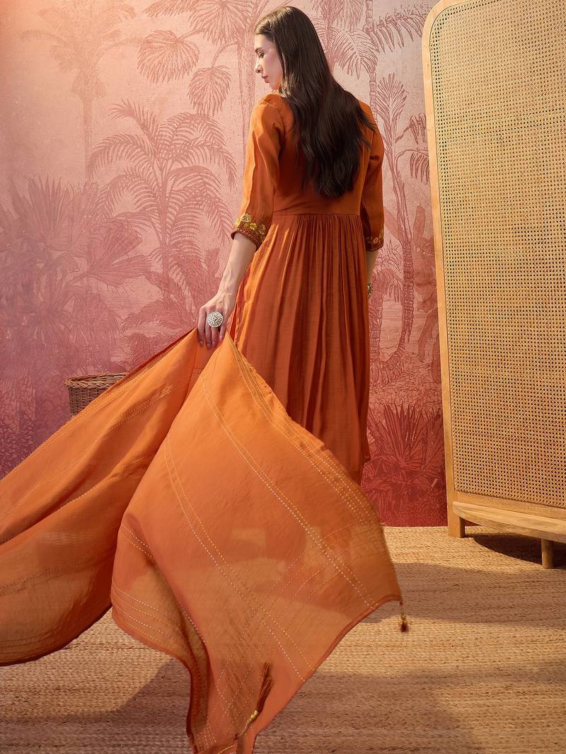 Rust chanderi cotton embroidered kurta set.