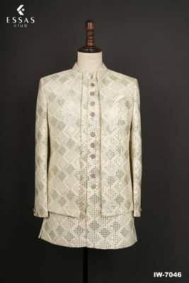 Ivory sequin textured open indowestern suit for men 3