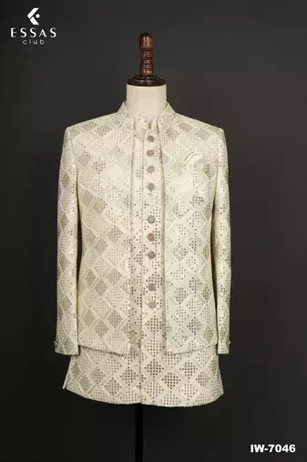 Ivory sequin textured open indowestern suit for men