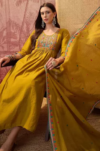 Olive chanderi cotton embroidered kurta set.