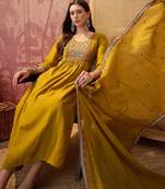 Olive chanderi cotton embroidered kurta set.