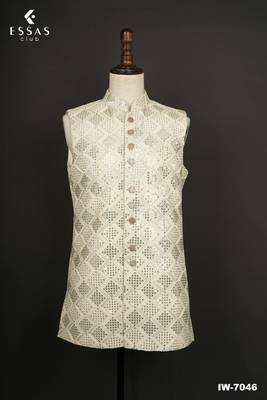 Ivory sequin textured open indowestern suit for men 4