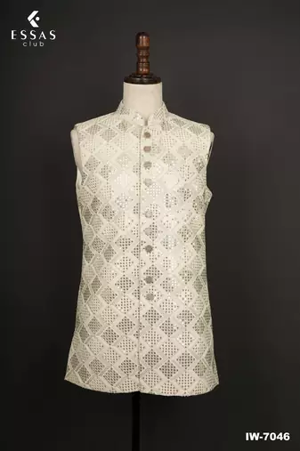 Ivory sequin textured open indowestern suit for men