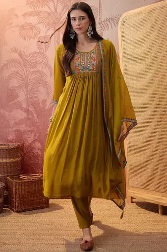 Olive chanderi cotton embroidered kurta set.