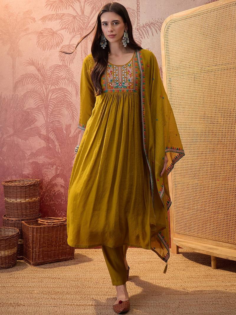 Olive chanderi cotton embroidered kurta set.