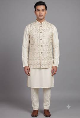 Ivory embroidered nehru jacket for men 1