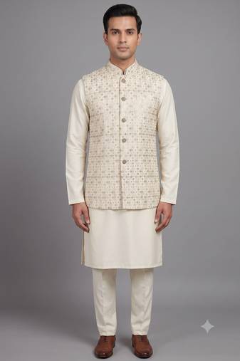 Ivory embroidered nehru jacket for men
