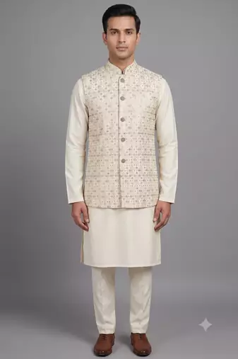 Ivory embroidered nehru jacket for men