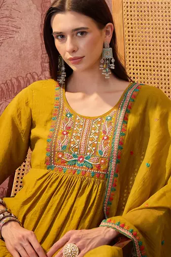 Olive chanderi cotton embroidered kurta set.