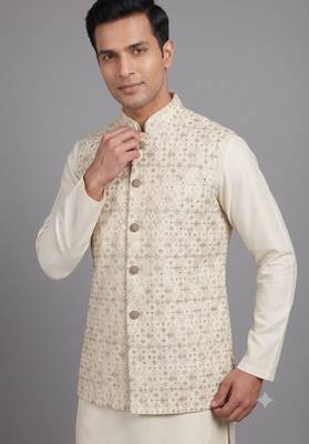 Ivory embroidered nehru jacket for men 2