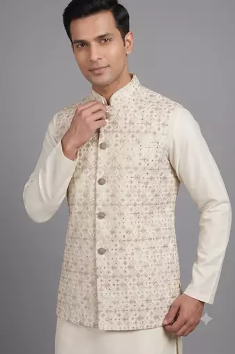Ivory embroidered nehru jacket for men