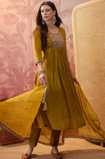 Olive chanderi cotton embroidered kurta set.