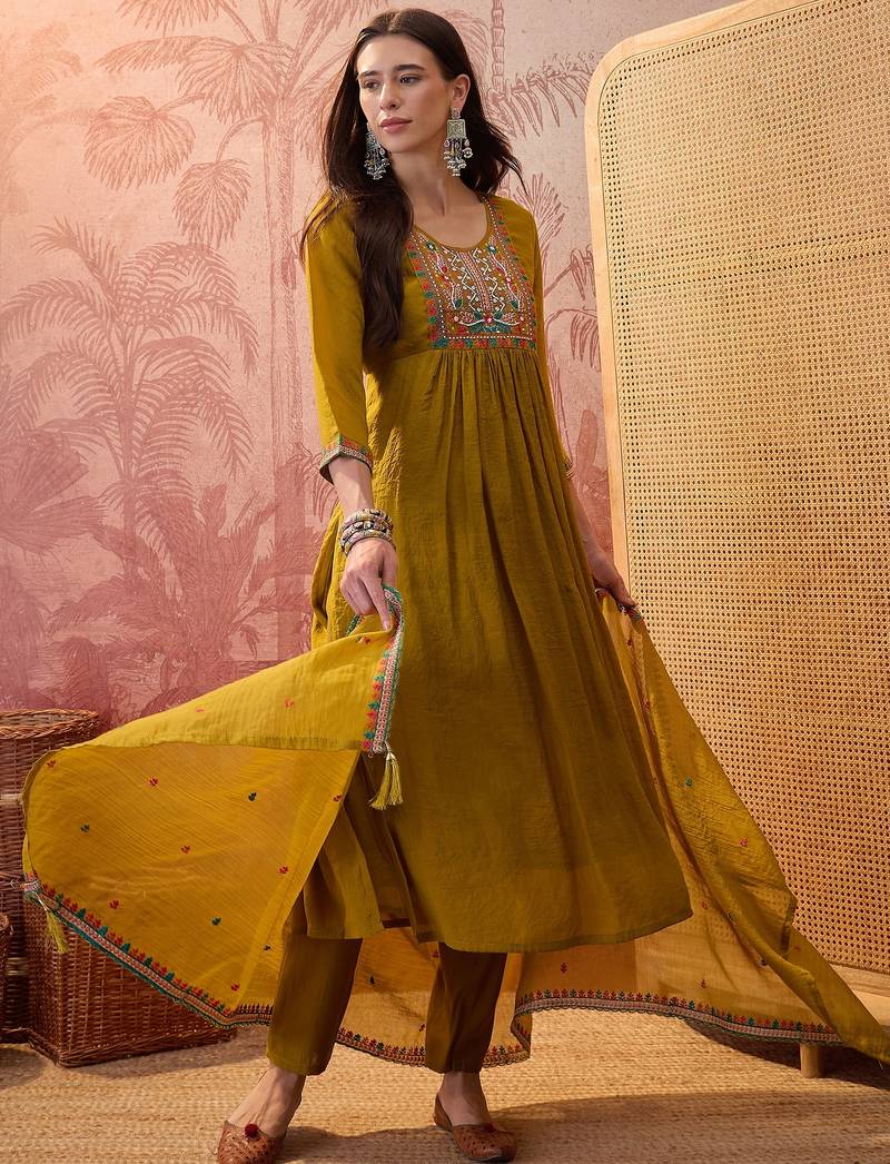 Olive chanderi cotton embroidered kurta set.