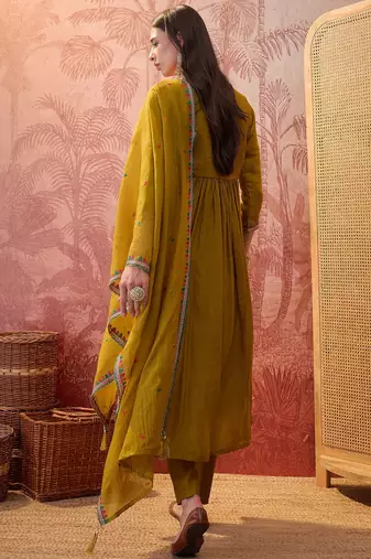 Olive chanderi cotton embroidered kurta set.