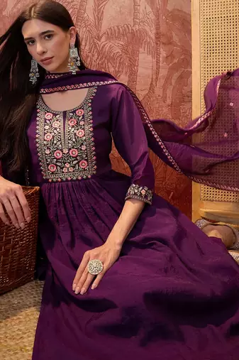 Purple chanderi cotton embroidered kurta set.