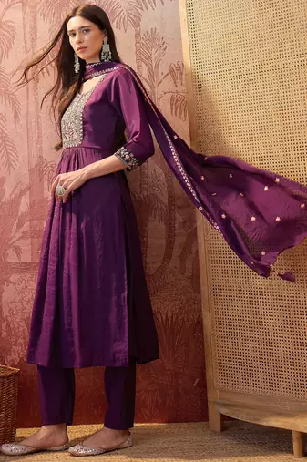 Purple chanderi cotton embroidered kurta set.