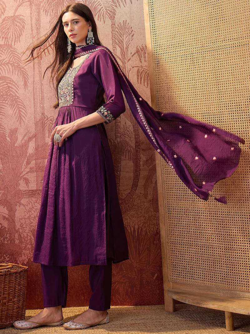 Purple chanderi cotton embroidered kurta set.