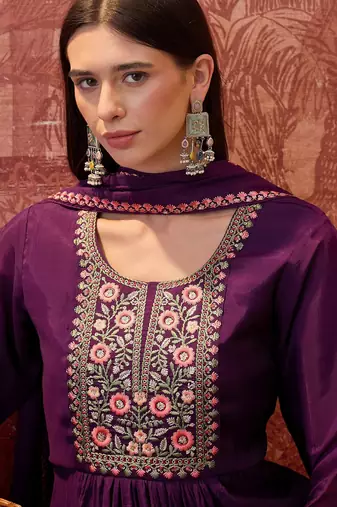 Purple chanderi cotton embroidered kurta set.