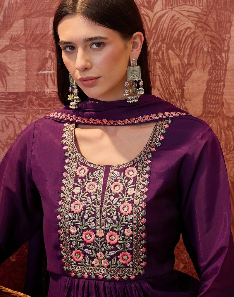 Purple chanderi cotton embroidered kurta set.