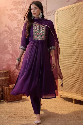 Purple chanderi cotton embroidered kurta set.