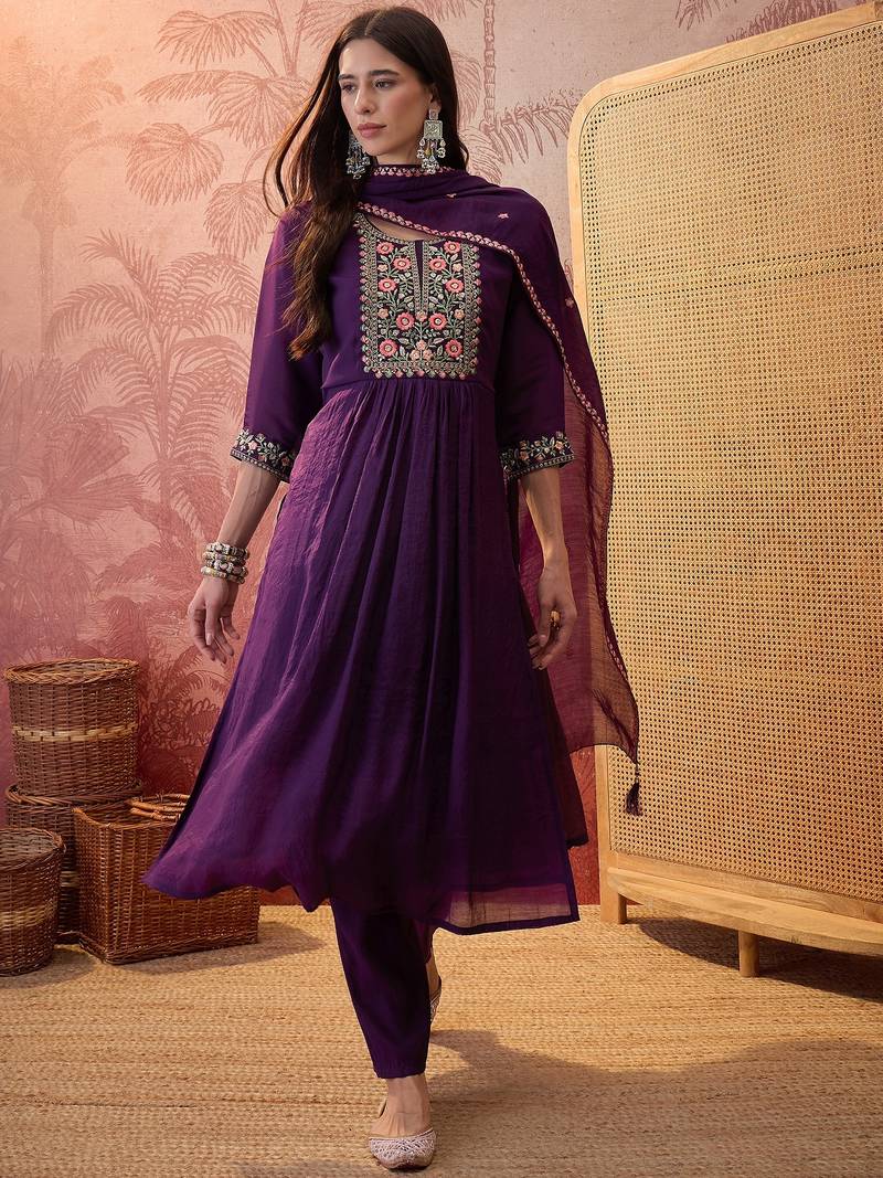 Purple chanderi cotton embroidered kurta set.