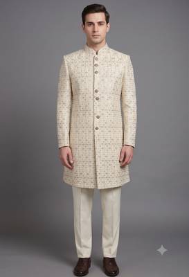 Ivory embroidered bandhgala suit for men 1
