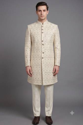 Ivory embroidered bandhgala suit for men