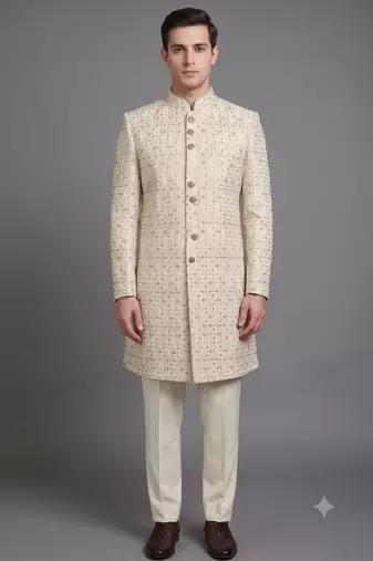Ivory embroidered bandhgala suit for men