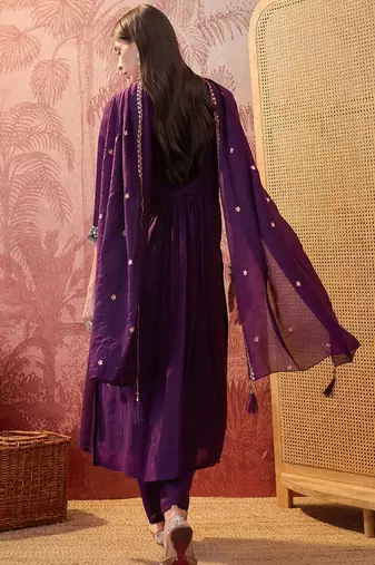 Purple chanderi cotton embroidered kurta set.