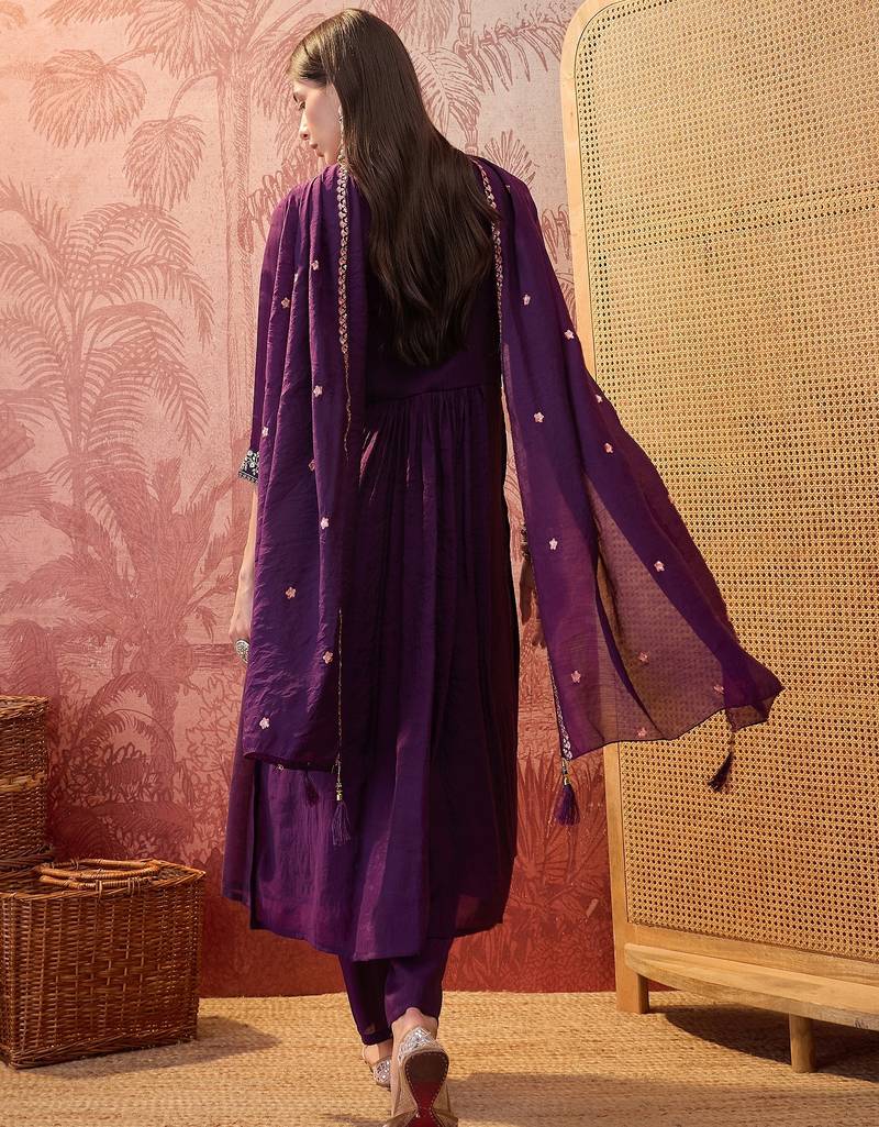 Purple chanderi cotton embroidered kurta set.