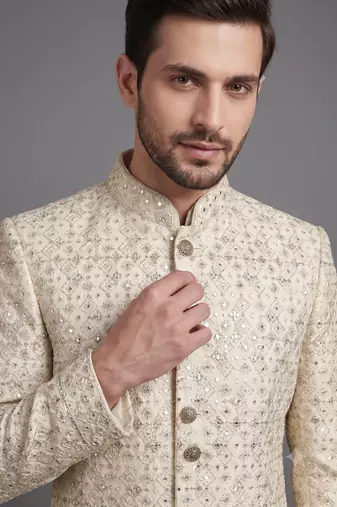 Ivory embroidered bandhgala suit for men