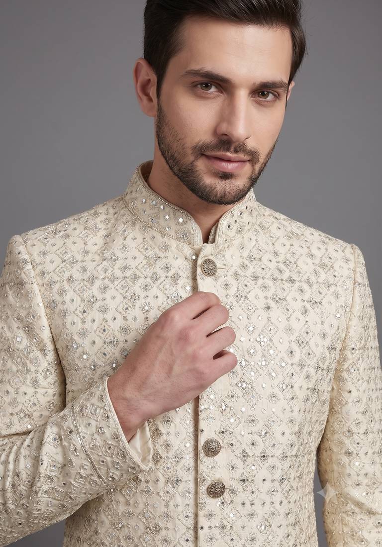 Ivory embroidered bandhgala suit for men