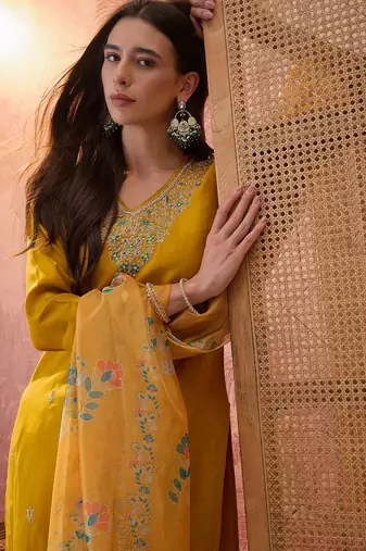 Mustard chanderi cotton embroidered kurta set.
