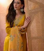 Mustard chanderi cotton embroidered kurta set.