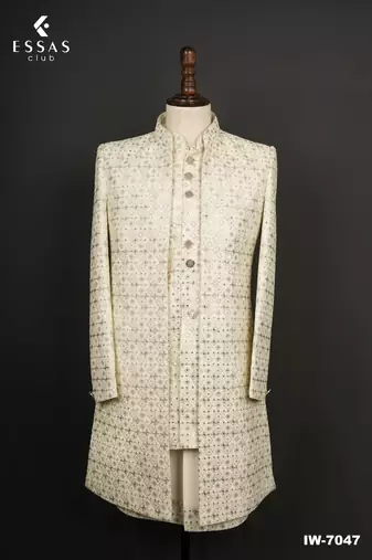 Ivory embroidered bandhgala suit for men